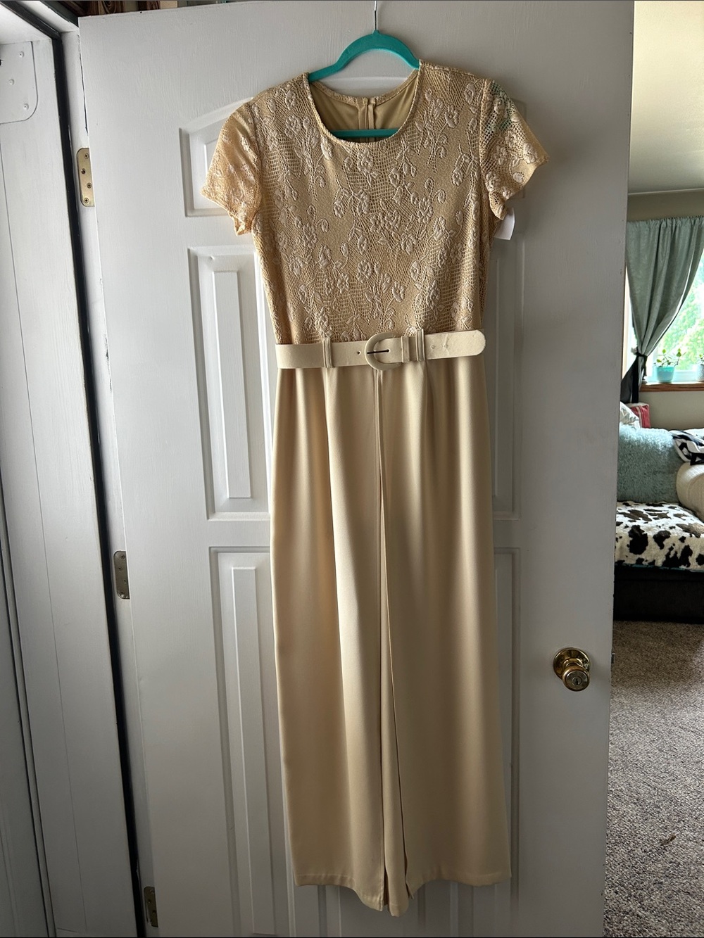Lace Bodice Wide-Leg Jumpsuit in Cream with Belt